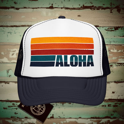 Aloha Retro Stripes, Hawaii Trucker Hat Navy / White / Navy / One size