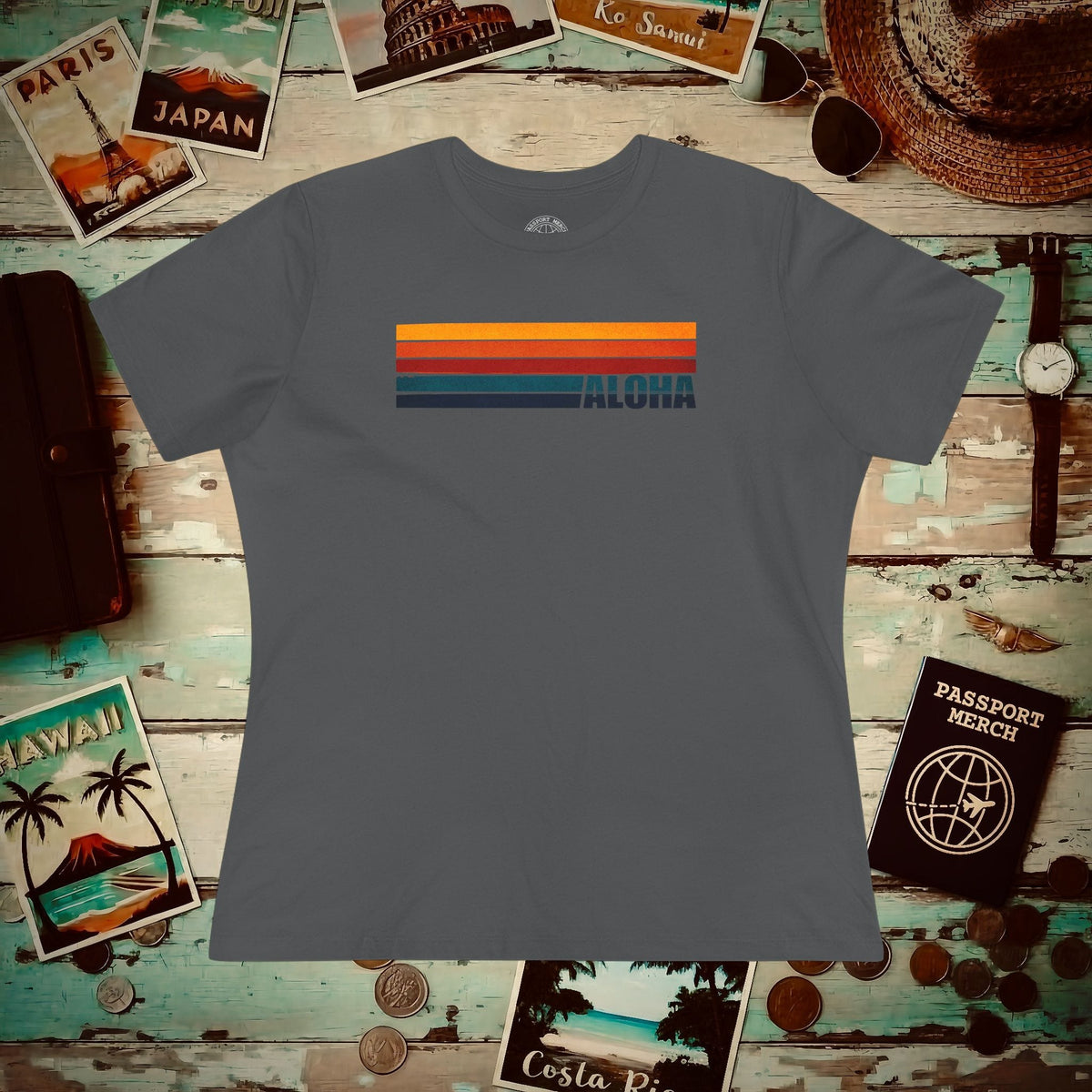 Aloha Retro Stripes, Hawaii Womens Fit T-Shirt Asphalt / S