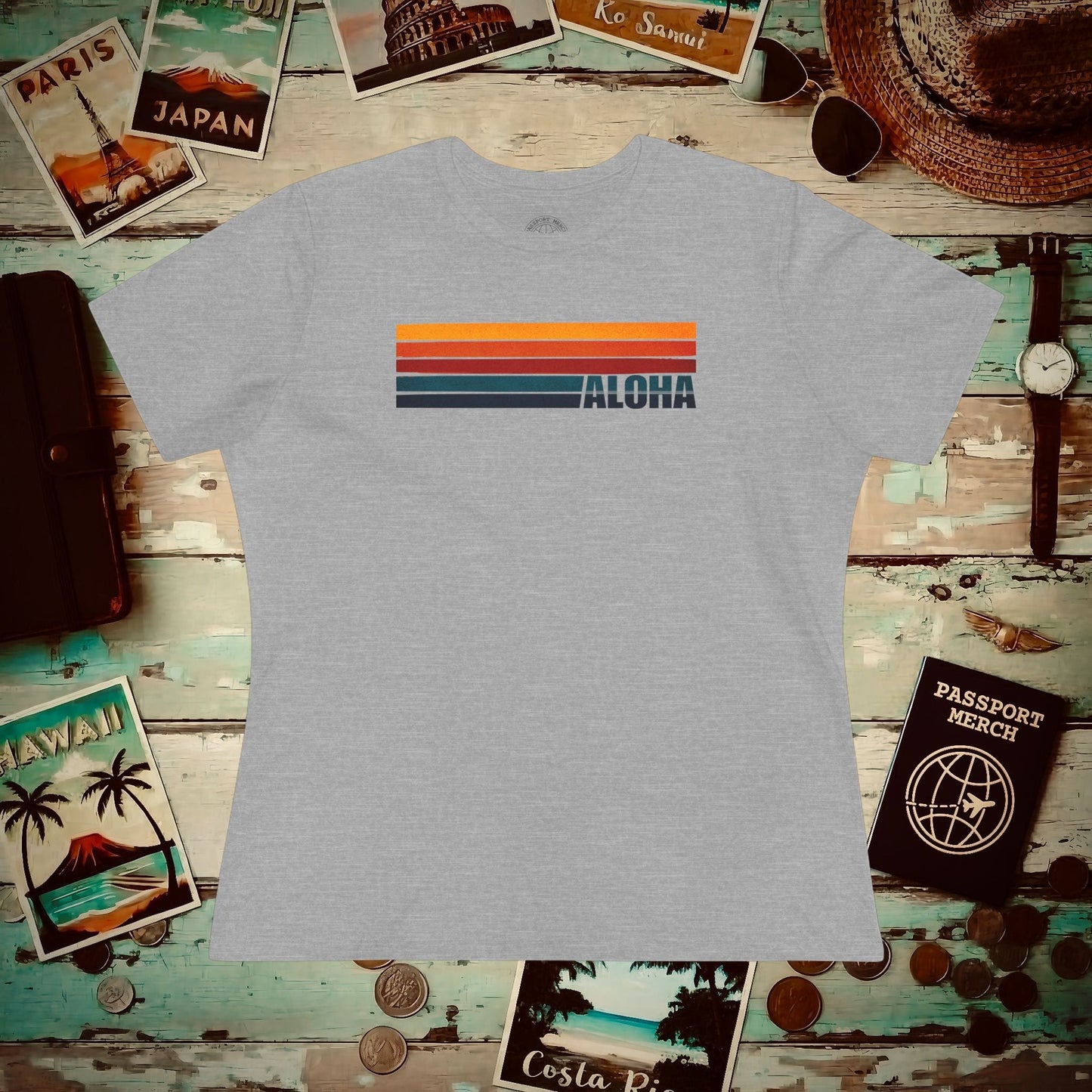 Aloha Retro Stripes, Hawaii Womens Fit T-Shirt Athletic Heather / S