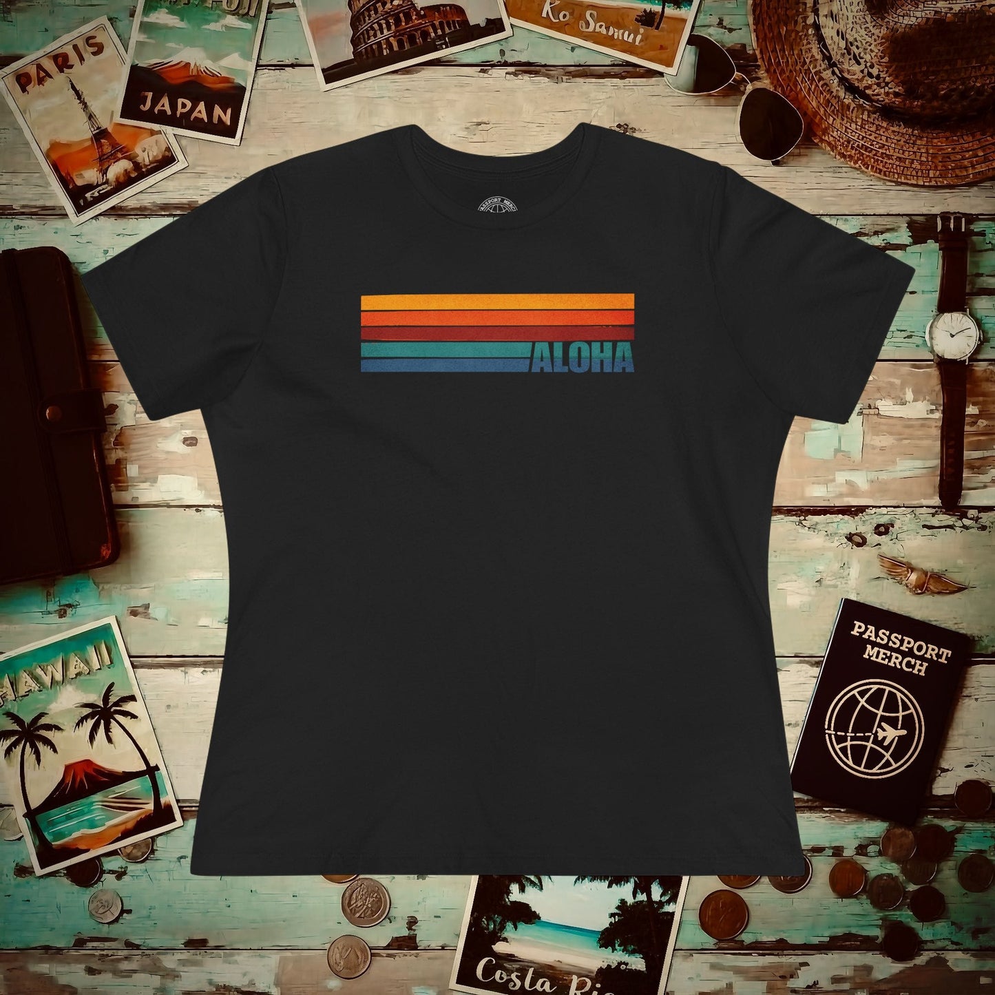 Aloha Retro Stripes, Hawaii Womens Fit T-Shirt Black / S