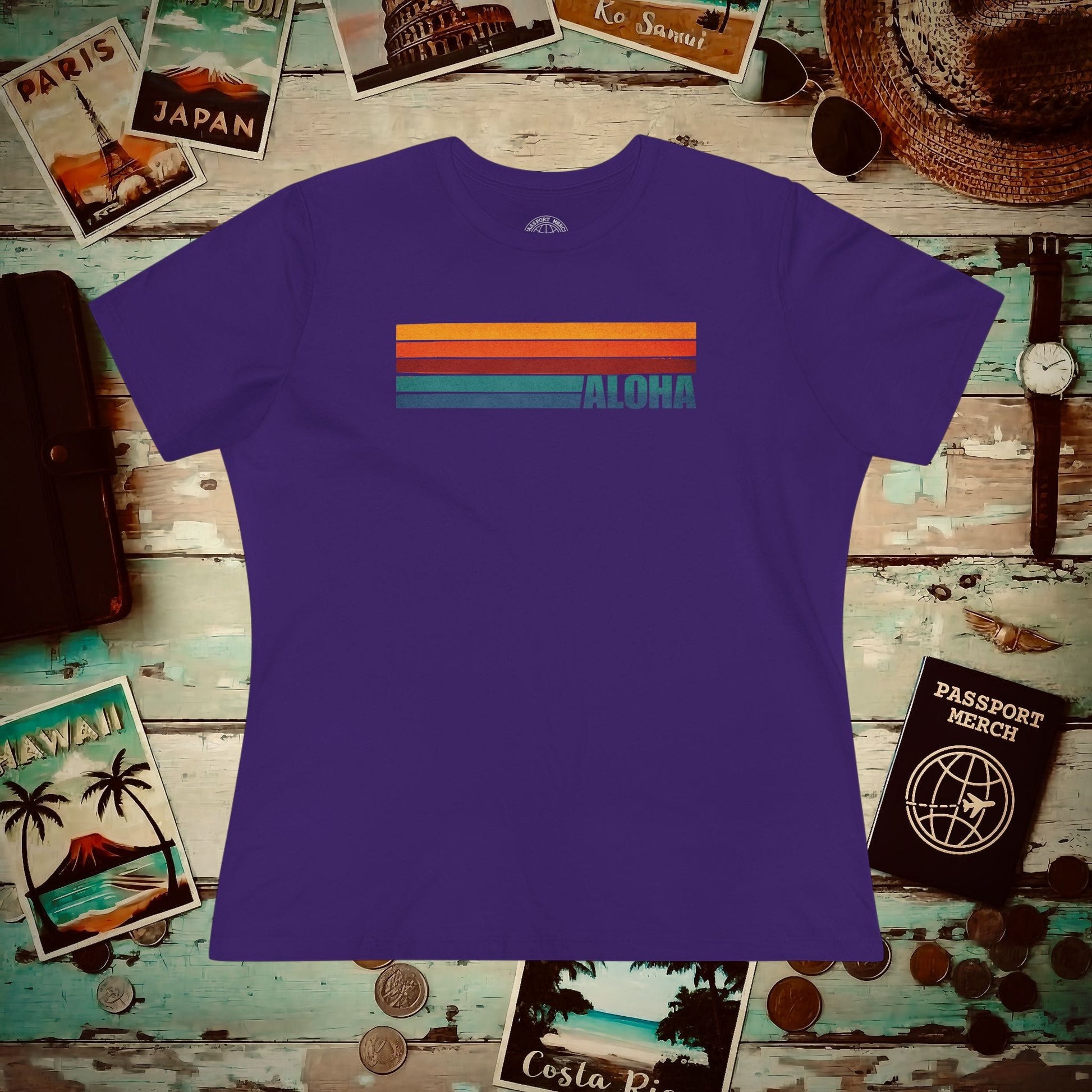 Aloha Retro Stripes, Hawaii Womens Fit T-Shirt Team Purple / S