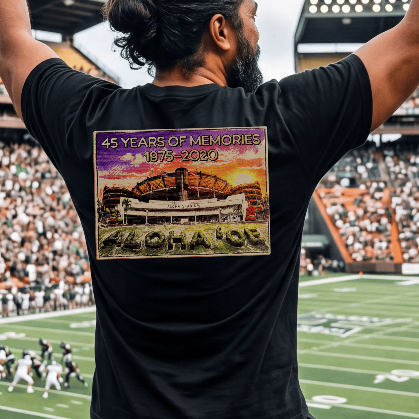 Aloha Stadium Wood Sketch Sunset, Hawaii Back Print T-Shirt Black / S