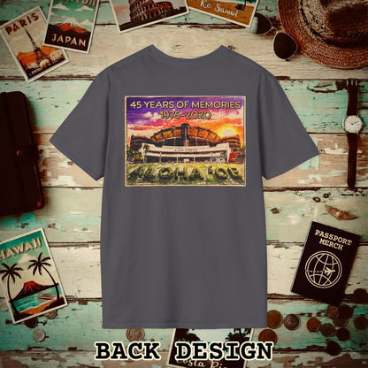 Aloha Stadium Wood Sketch Sunset, Hawaii Back Print T-Shirt Charcoal / S