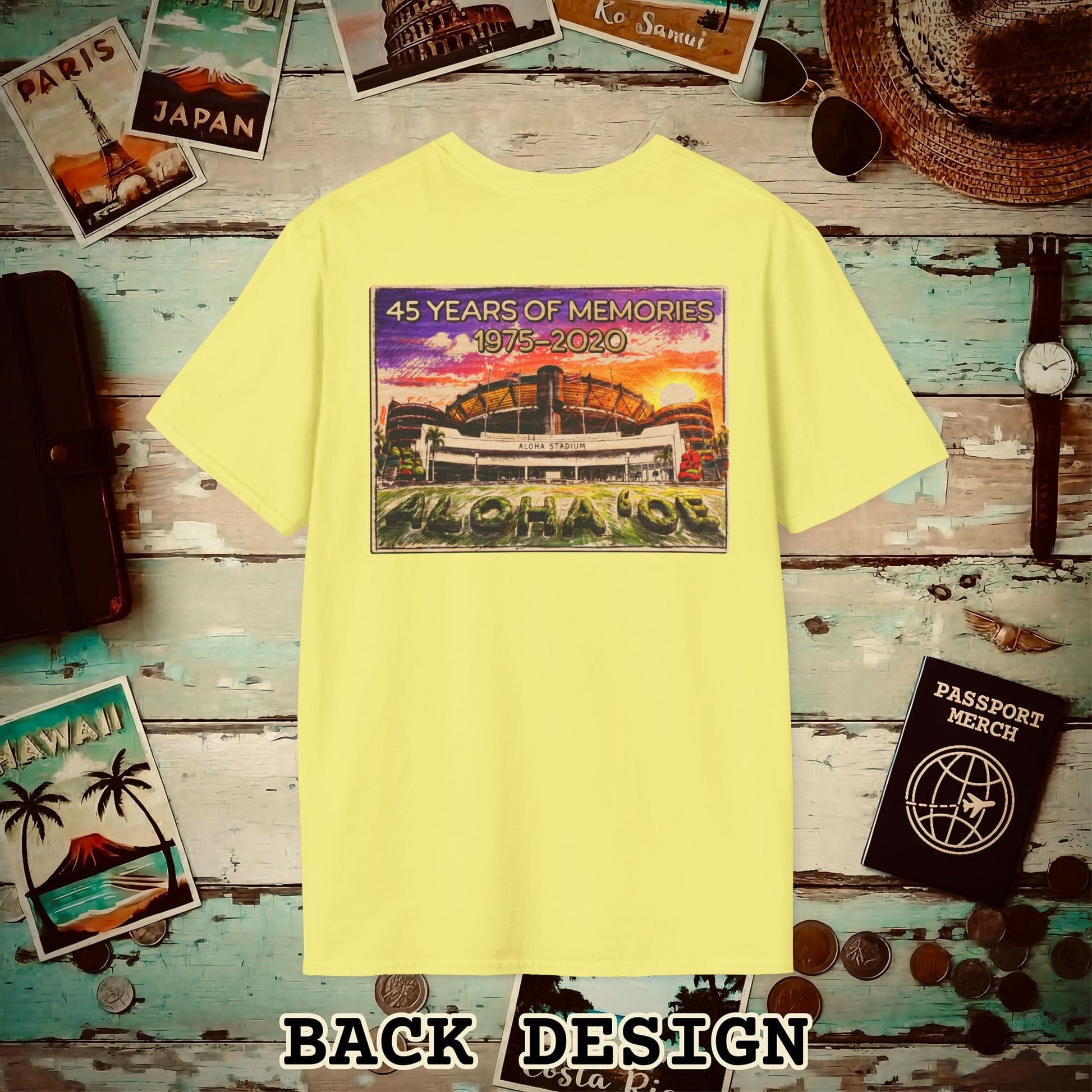 Aloha Stadium Wood Sketch Sunset, Hawaii Back Print T-Shirt Cornsilk / S