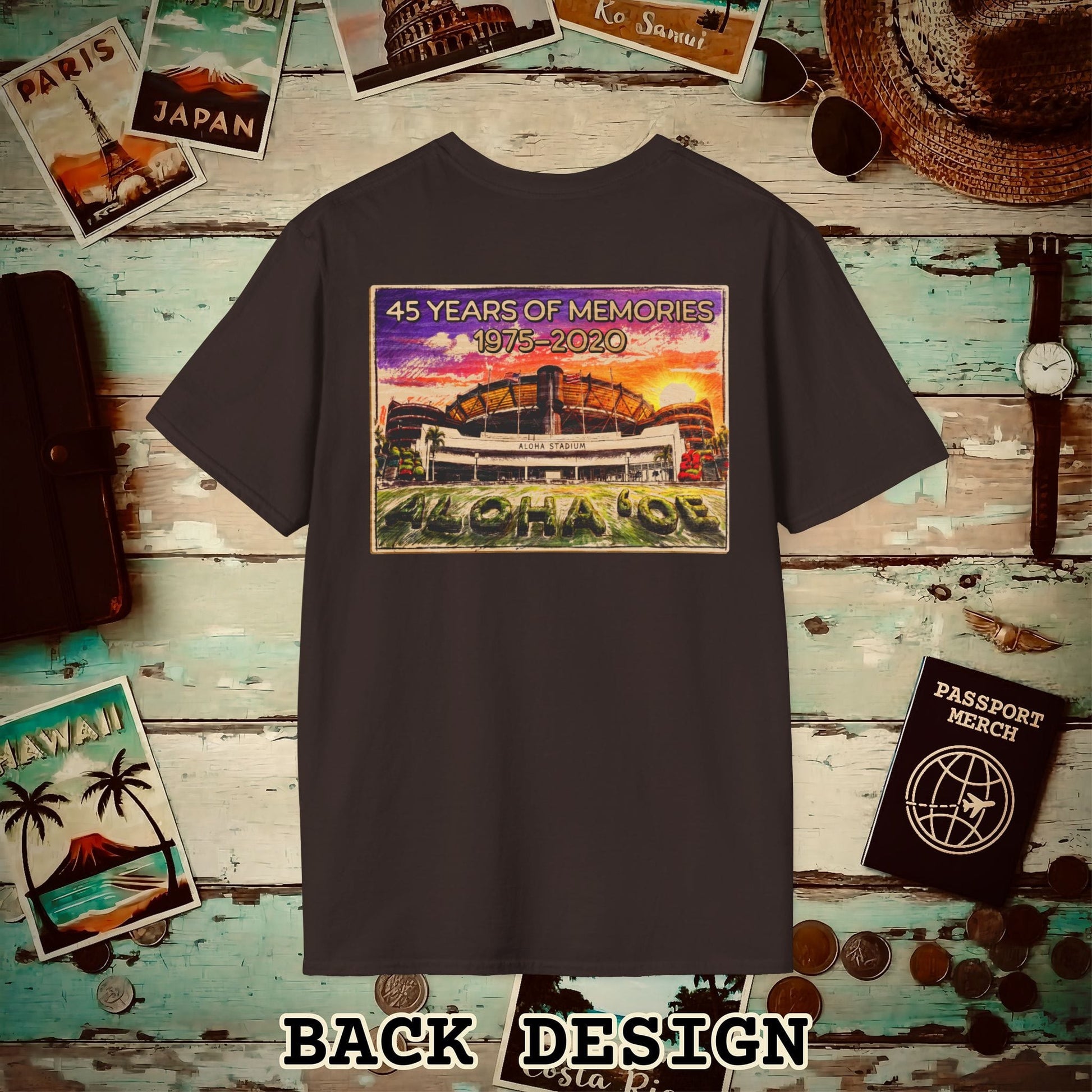 Aloha Stadium Wood Sketch Sunset, Hawaii Back Print T-Shirt Dark Chocolate / S