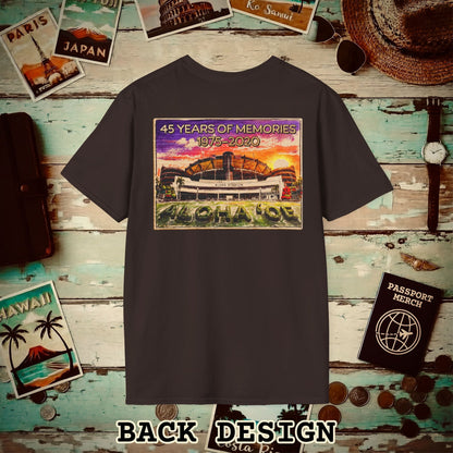 Aloha Stadium Wood Sketch Sunset, Hawaii Back Print T-Shirt Dark Chocolate / S