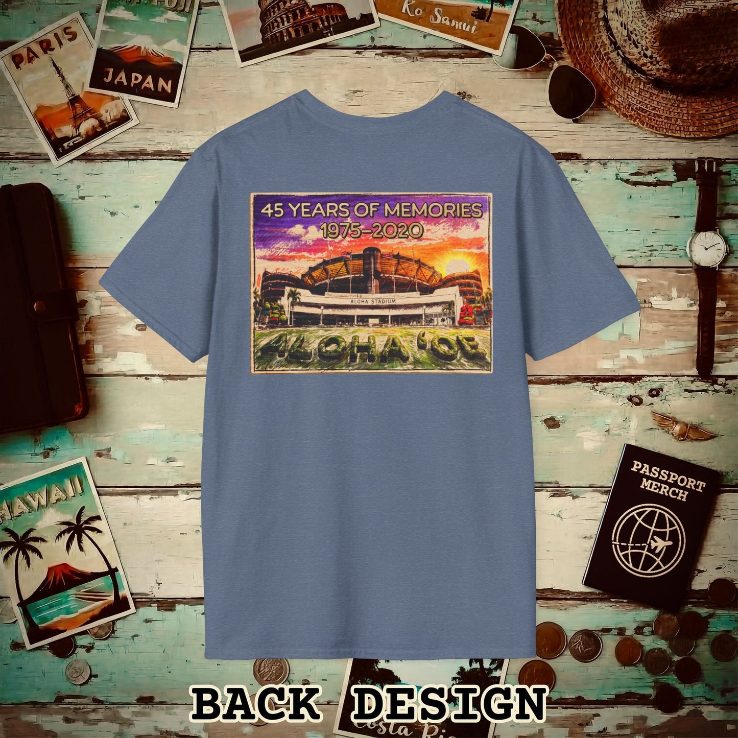 Aloha Stadium Wood Sketch Sunset, Hawaii Back Print T-Shirt Heather Indigo / S
