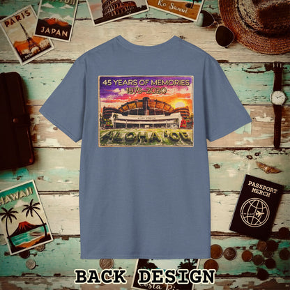 Aloha Stadium Wood Sketch Sunset, Hawaii Back Print T-Shirt Heather Indigo / S