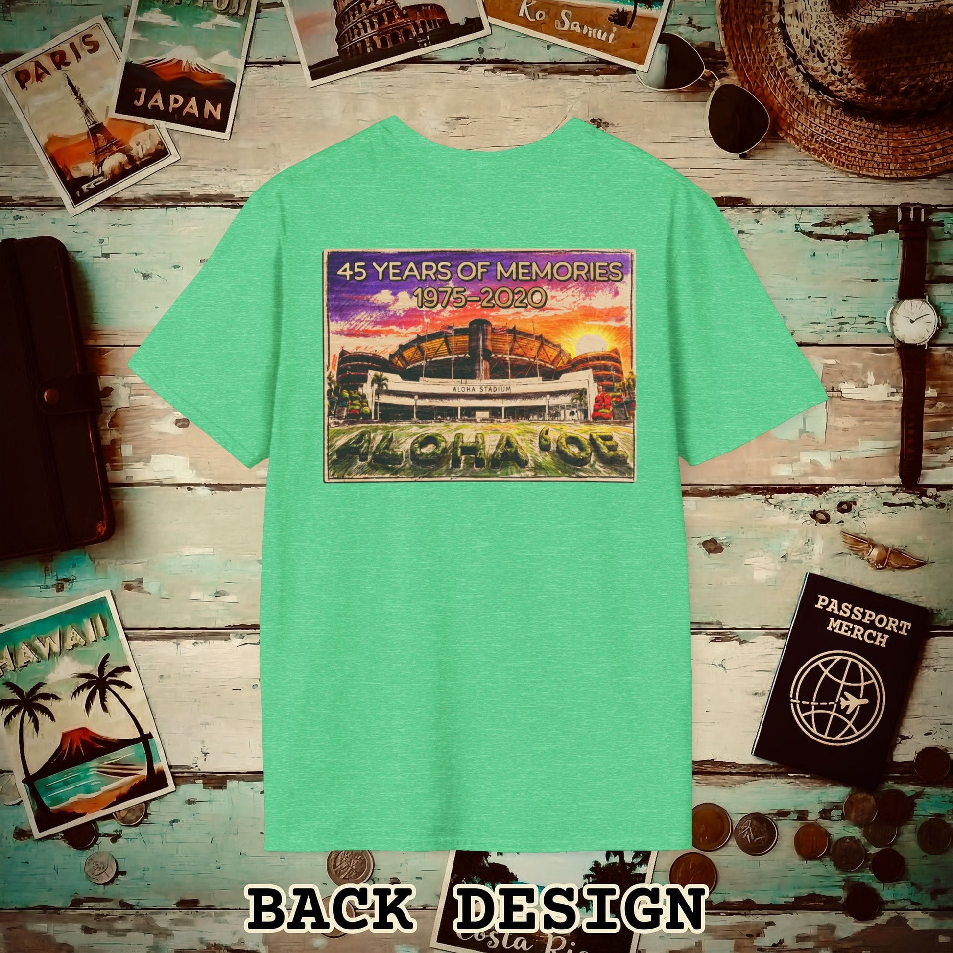 Aloha Stadium Wood Sketch Sunset, Hawaii Back Print T-Shirt Heather Irish Green / S