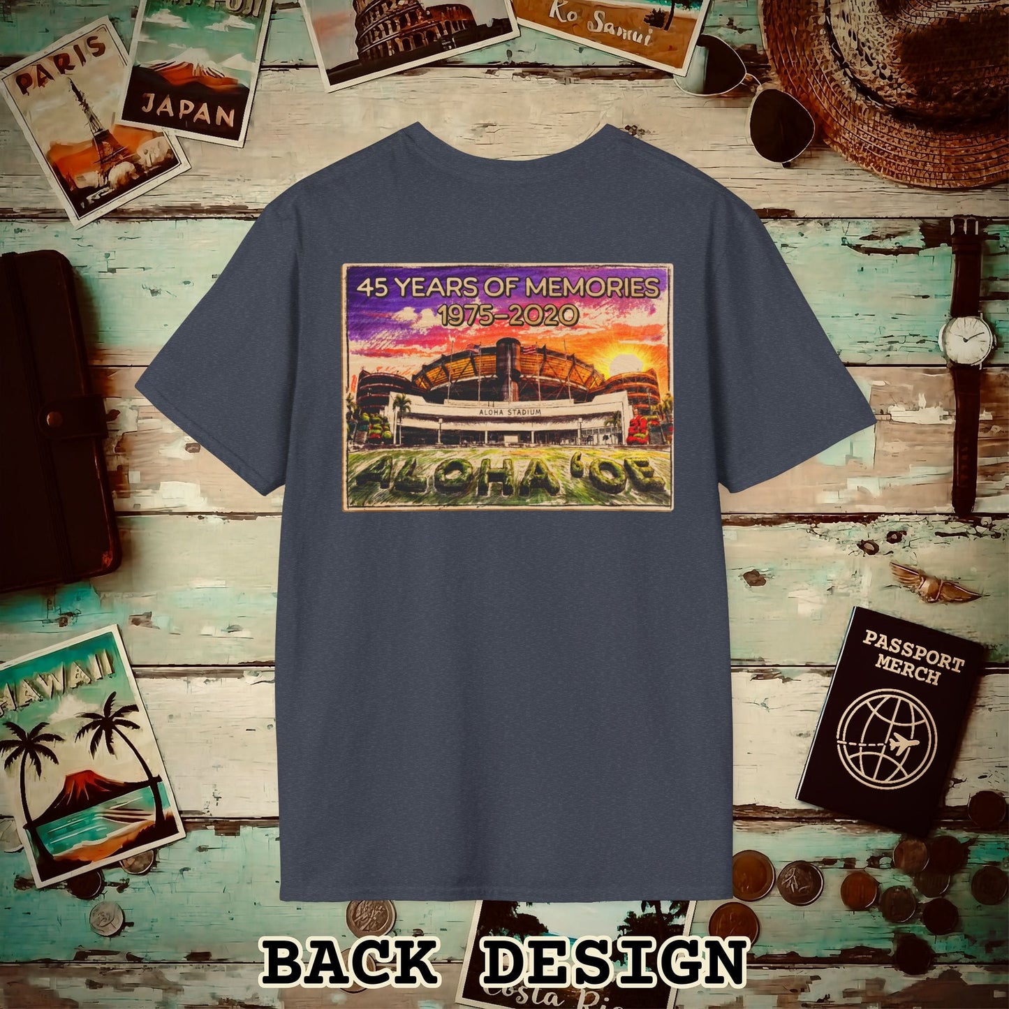 Aloha Stadium Wood Sketch Sunset, Hawaii Back Print T-Shirt Heather Navy / S