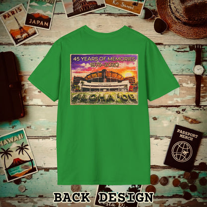 Aloha Stadium Wood Sketch Sunset, Hawaii Back Print T-Shirt Irish Green / S