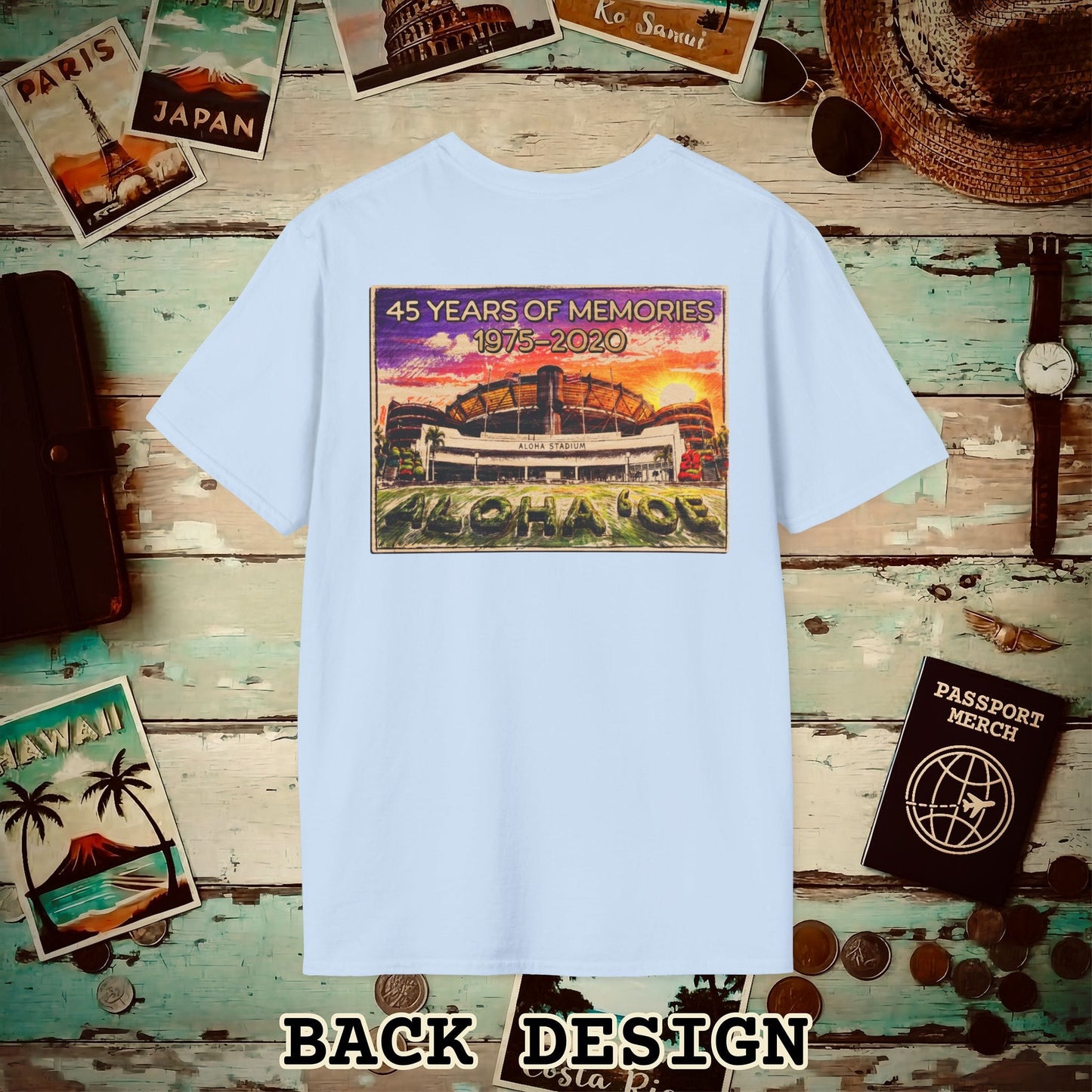 Aloha Stadium Wood Sketch Sunset, Hawaii Back Print T-Shirt Light Blue / S