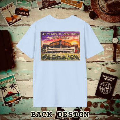 Aloha Stadium Wood Sketch Sunset, Hawaii Back Print T-Shirt Light Blue / S