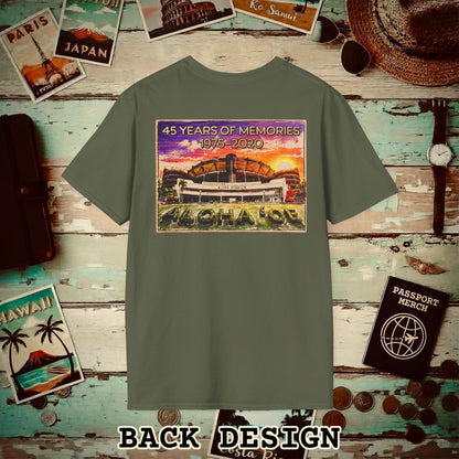 Aloha Stadium Wood Sketch Sunset, Hawaii Back Print T-Shirt Military Green / S