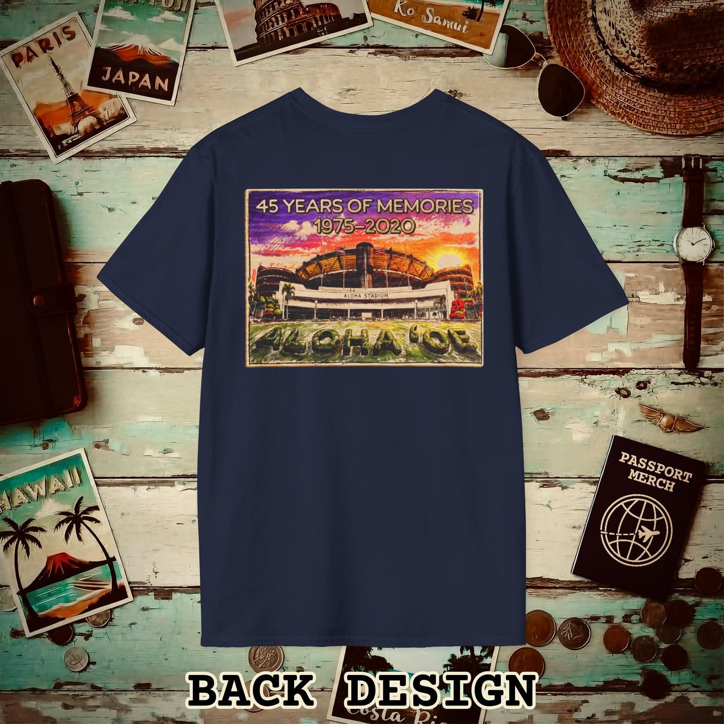 Aloha Stadium Wood Sketch Sunset, Hawaii Back Print T-Shirt Navy / S