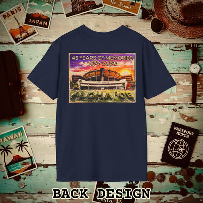Aloha Stadium Wood Sketch Sunset, Hawaii Back Print T-Shirt Navy / S