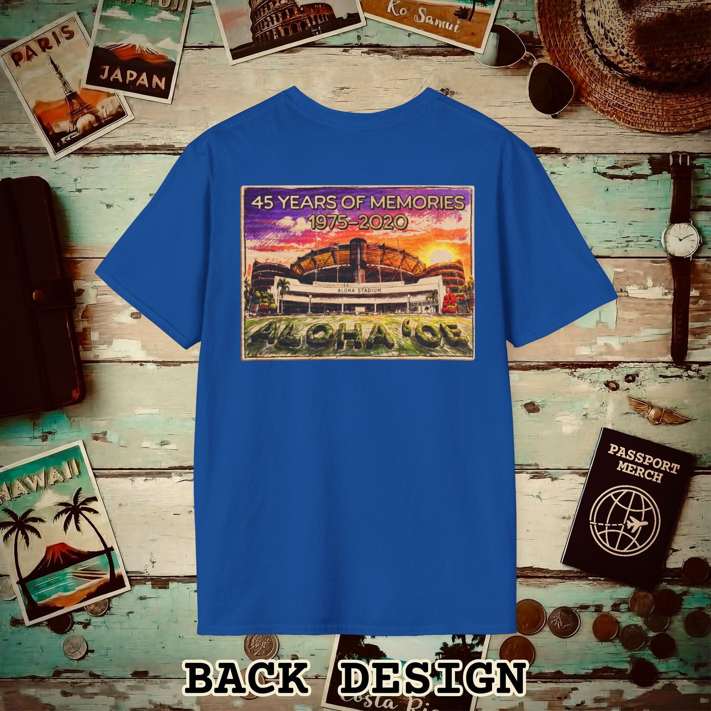 Aloha Stadium Wood Sketch Sunset, Hawaii Back Print T-Shirt Royal / S