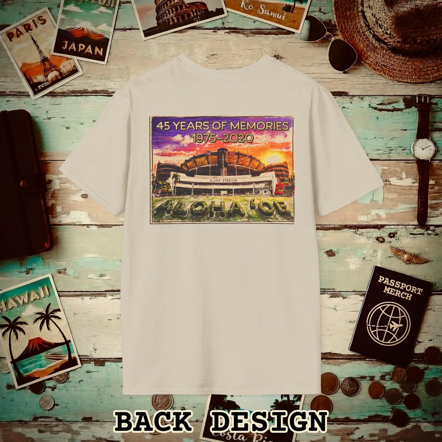 Aloha Stadium Wood Sketch Sunset, Hawaii Back Print T-Shirt Sand / S