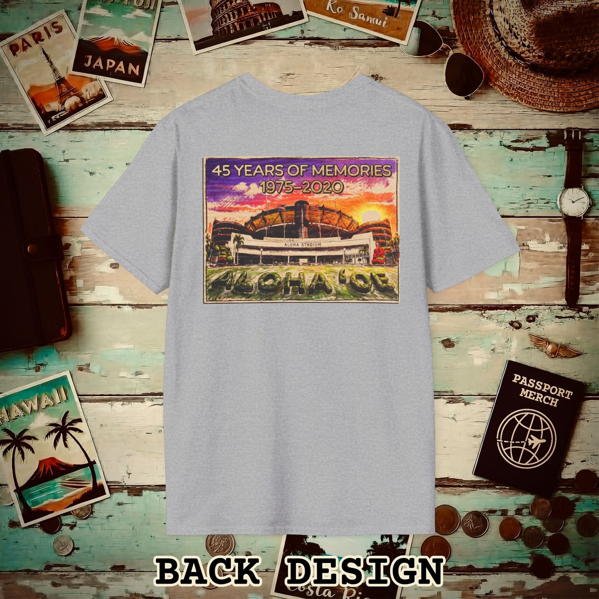 Aloha Stadium Wood Sketch Sunset, Hawaii Back Print T-Shirt Sport Grey / S