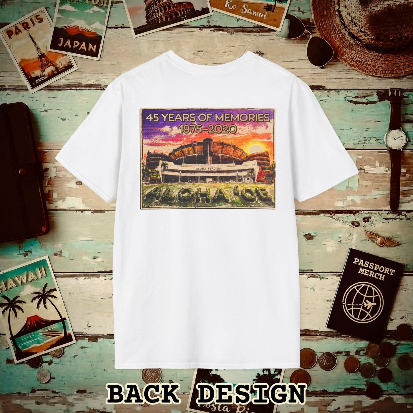 Aloha Stadium Wood Sketch Sunset, Hawaii Back Print T-Shirt White / S