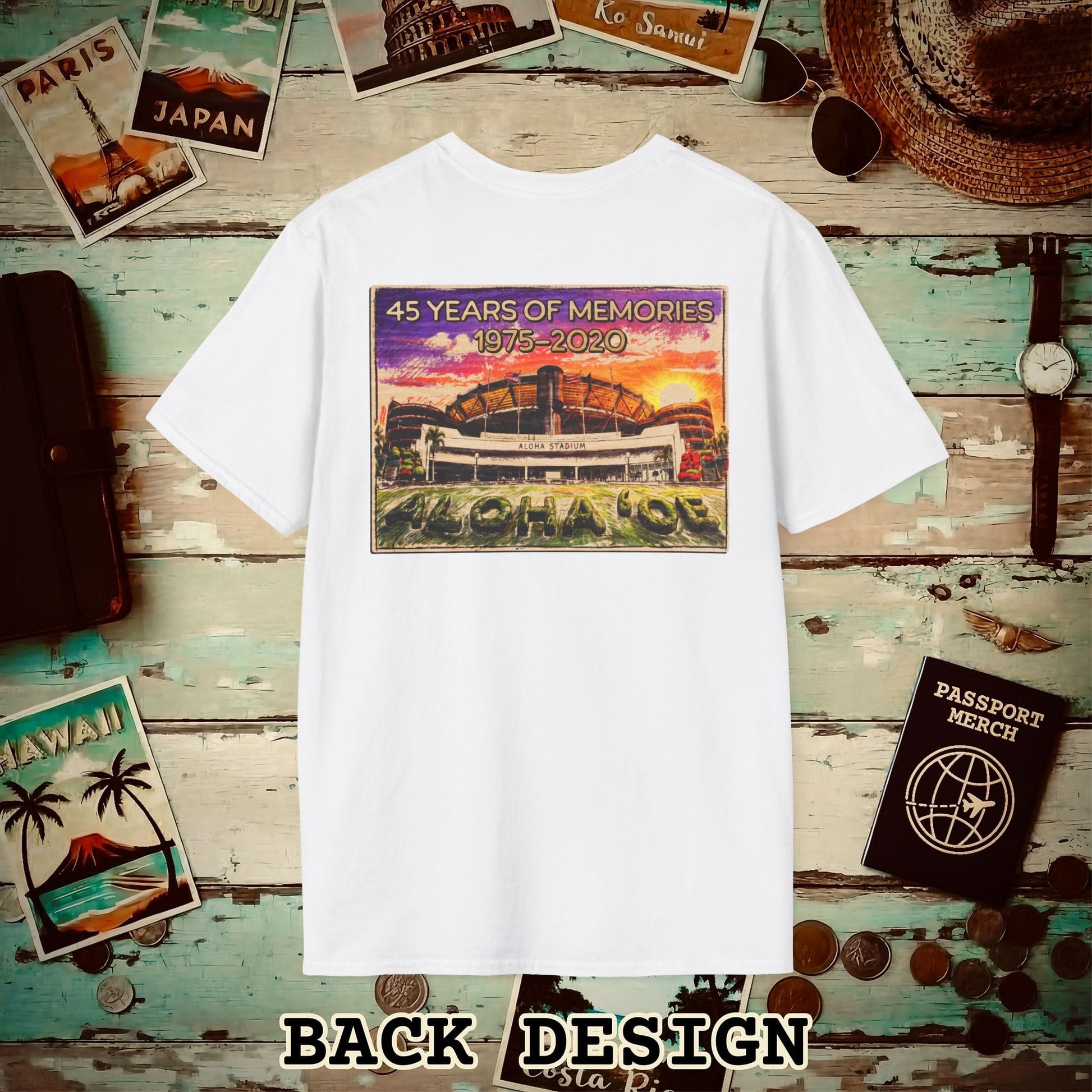 Aloha Stadium Wood Sketch Sunset, Hawaii Back Print T-Shirt White / S