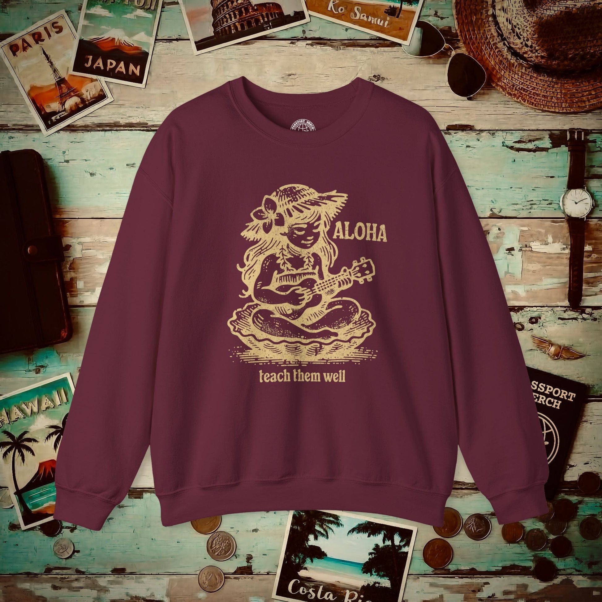 Aloha, Teach Them Well, Hawaii Crewneck Maroon / S