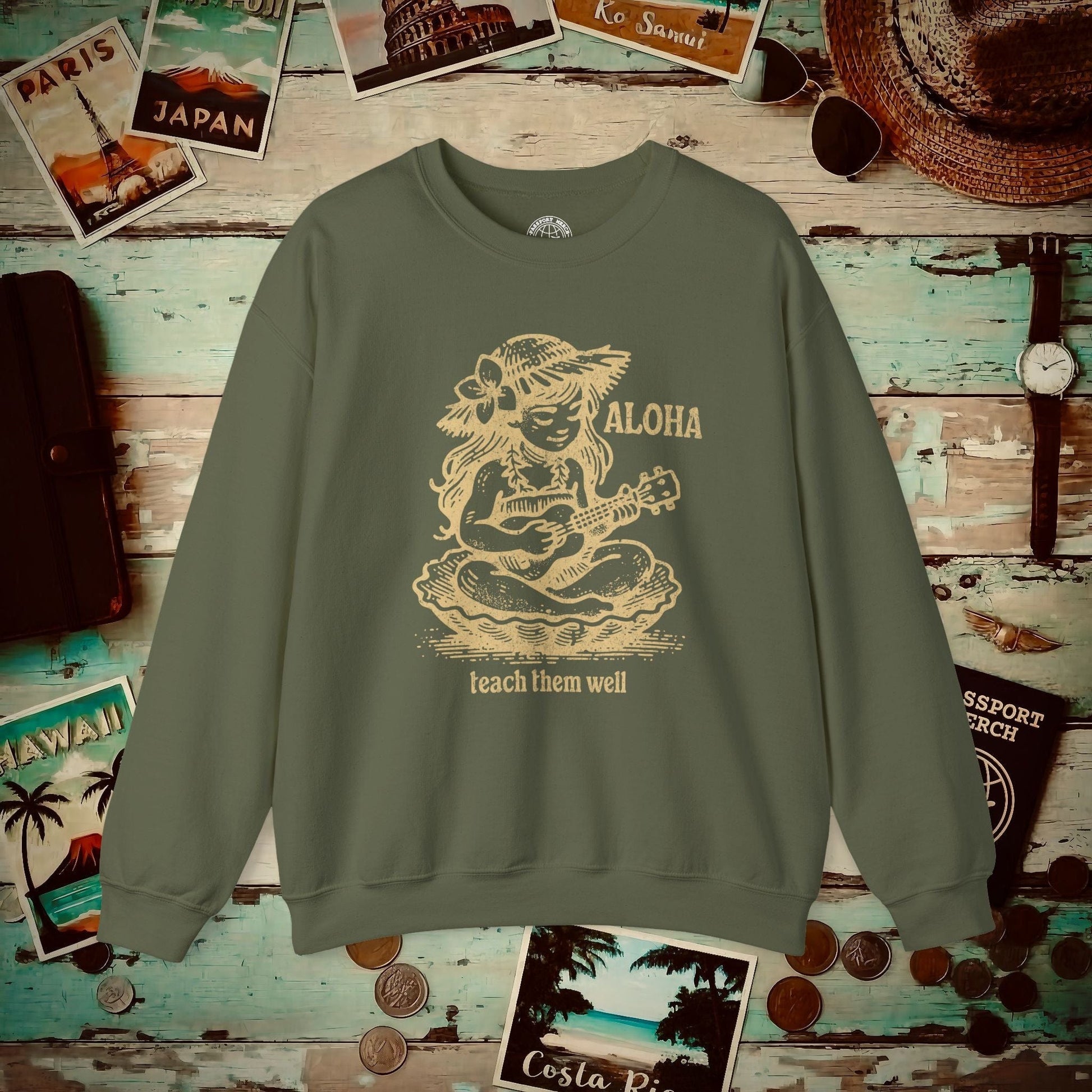 Aloha, Teach Them Well, Hawaii Crewneck Military Green / S