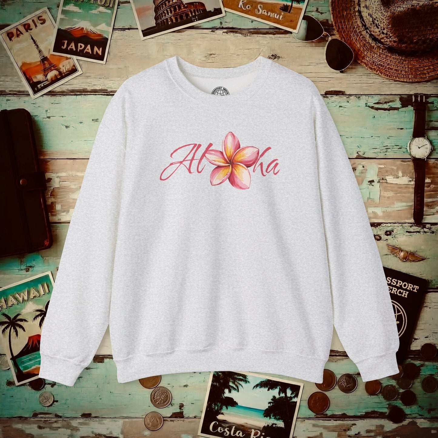 Aloha Watercolor Plumeria, Hawaii Crewneck Ash / S