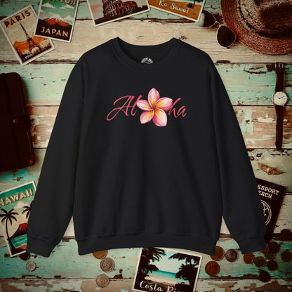 Aloha Watercolor Plumeria, Hawaii Crewneck Black / S