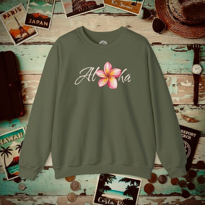 Aloha Watercolor Plumeria, Hawaii Crewneck Military Green / S