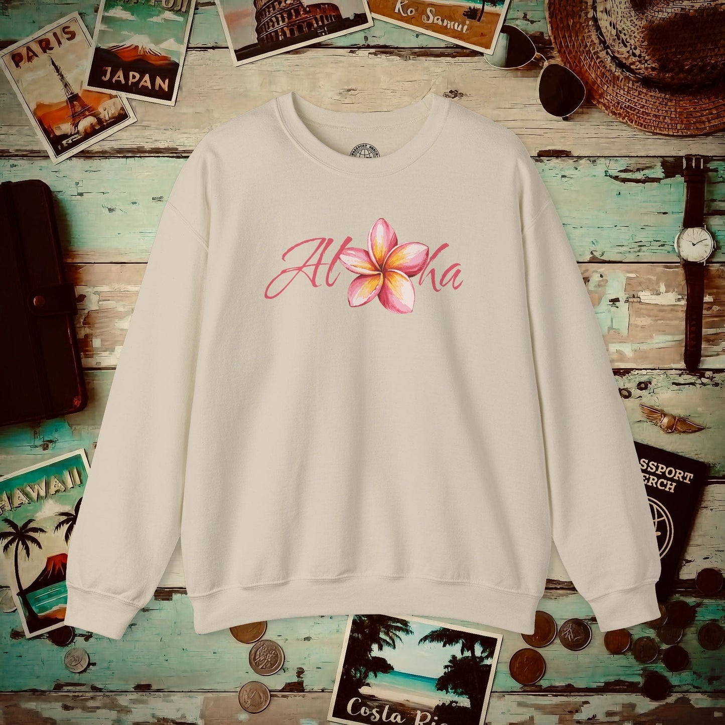 Aloha Watercolor Plumeria, Hawaii Crewneck Sand / S