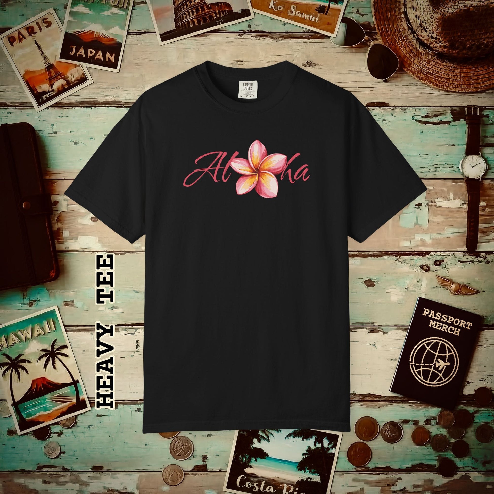 Aloha Watercolor Plumeria, Hawaii Heavy Tee Black / S