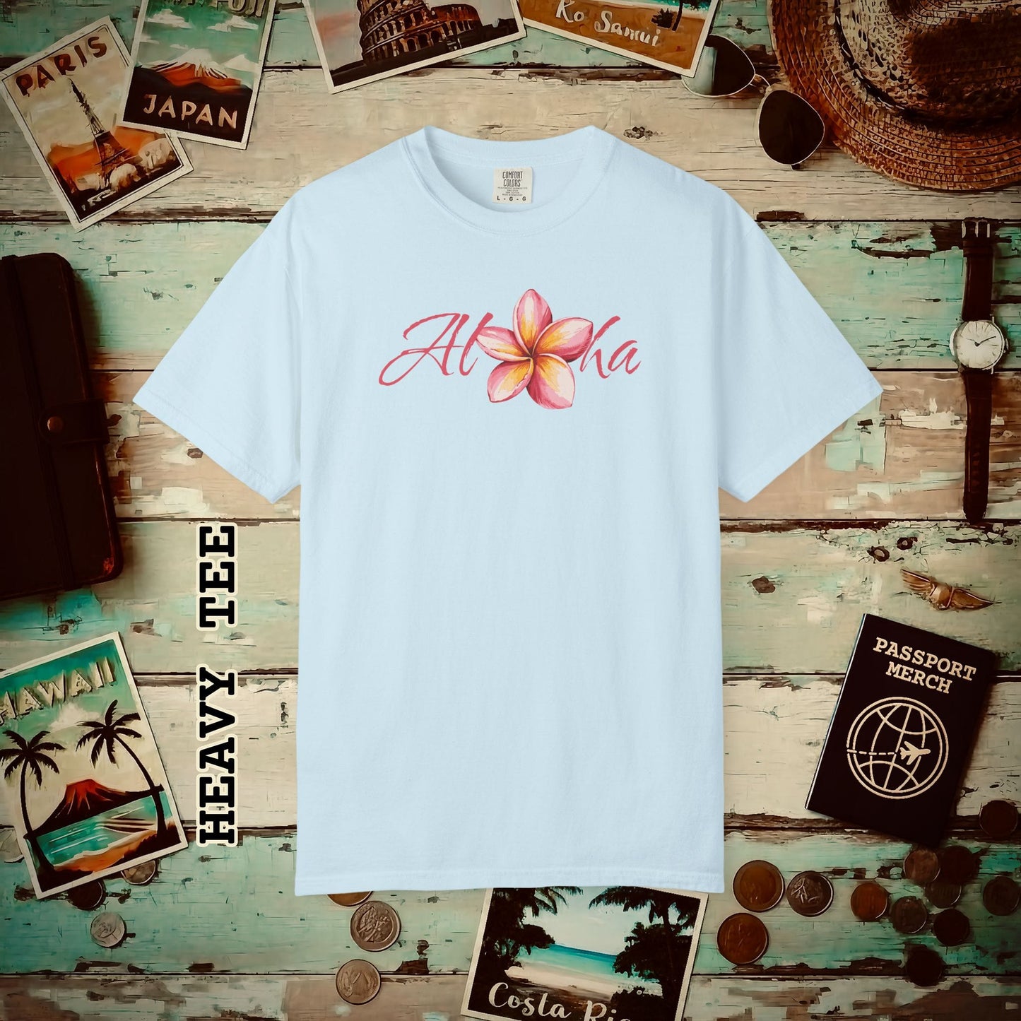 Aloha Watercolor Plumeria, Hawaii Heavy Tee Chambray / S