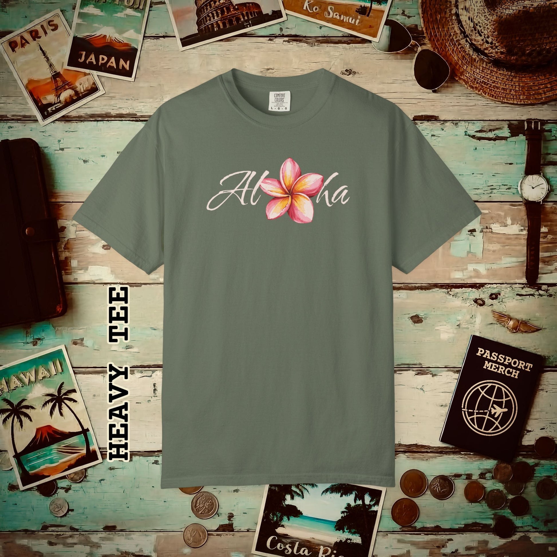 Aloha Watercolor Plumeria, Hawaii Heavy Tee Moss / S