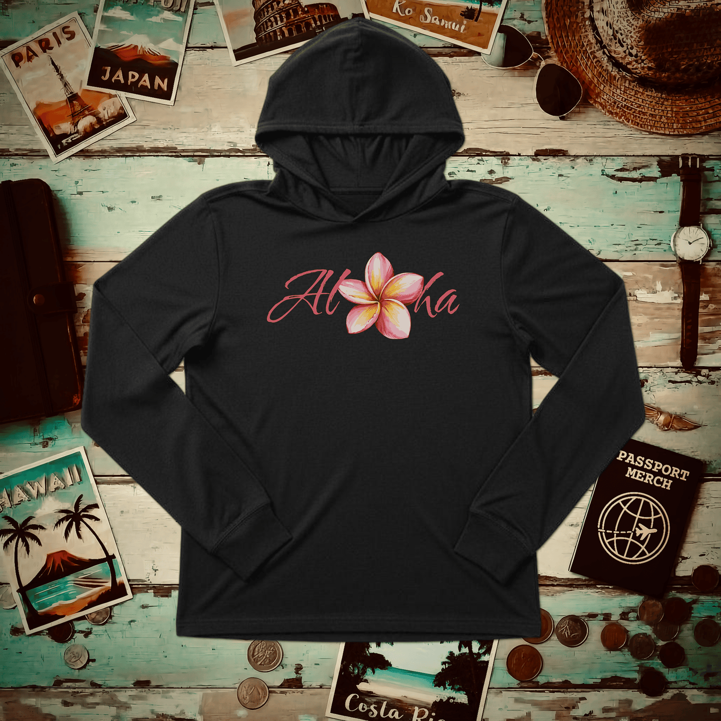 Aloha Watercolor Plumeria, Hawaii Hooded Long Sleeve Black / S