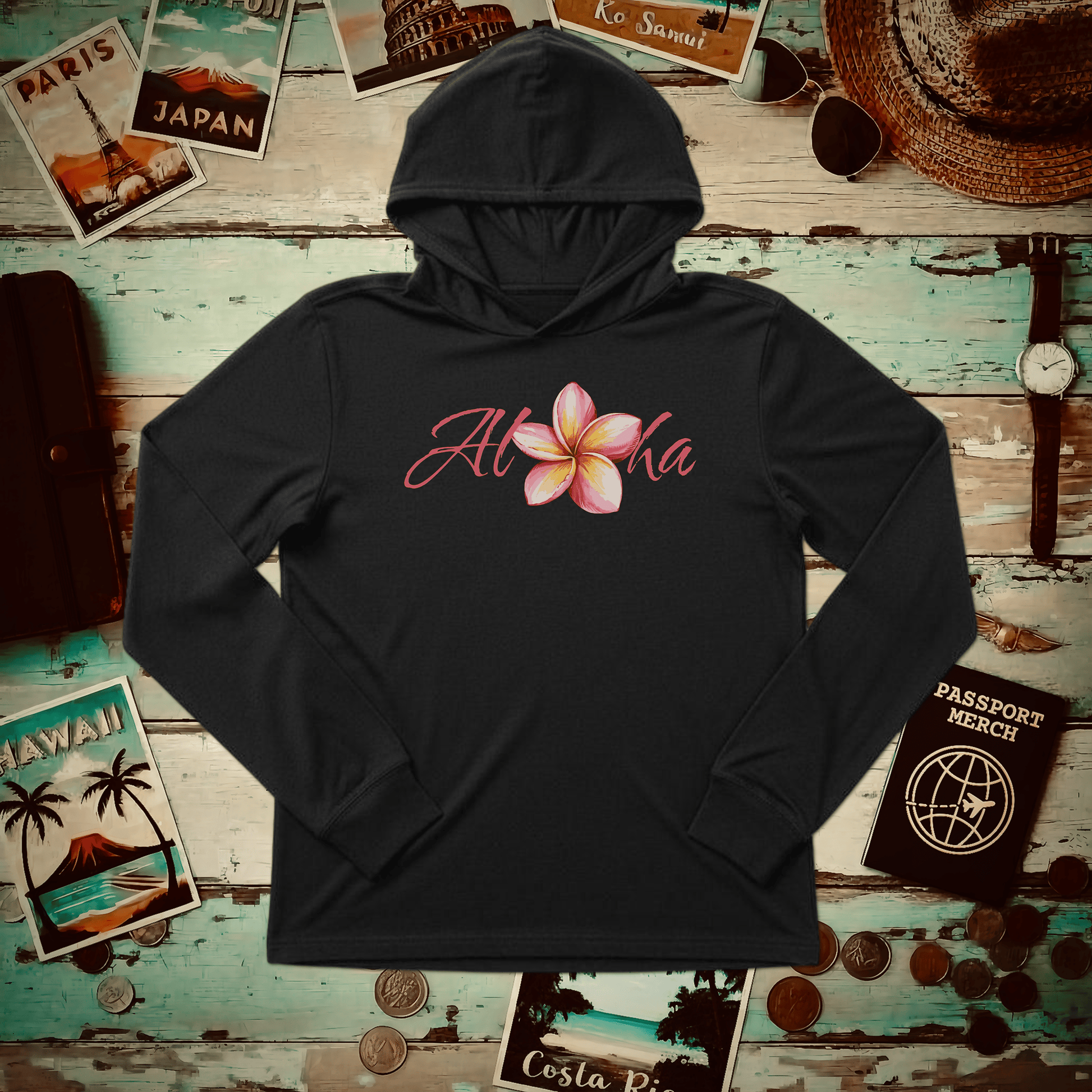 Aloha Watercolor Plumeria, Hawaii Hooded Long Sleeve Black / S
