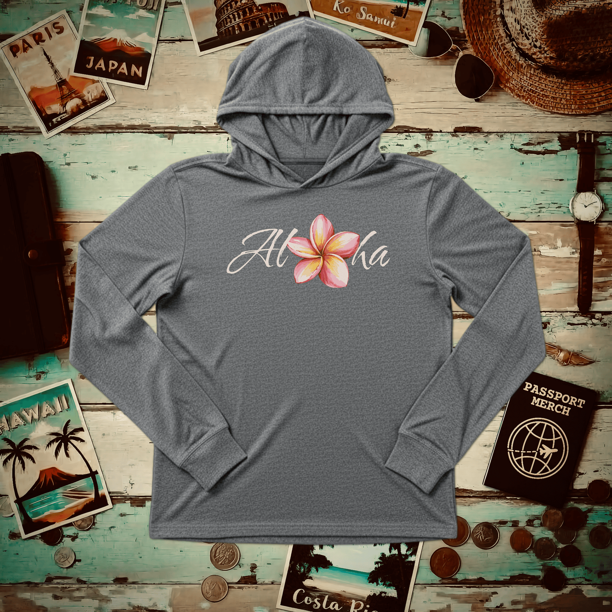 Aloha Watercolor Plumeria, Hawaii Hooded Long Sleeve Grey TriBlend / XS