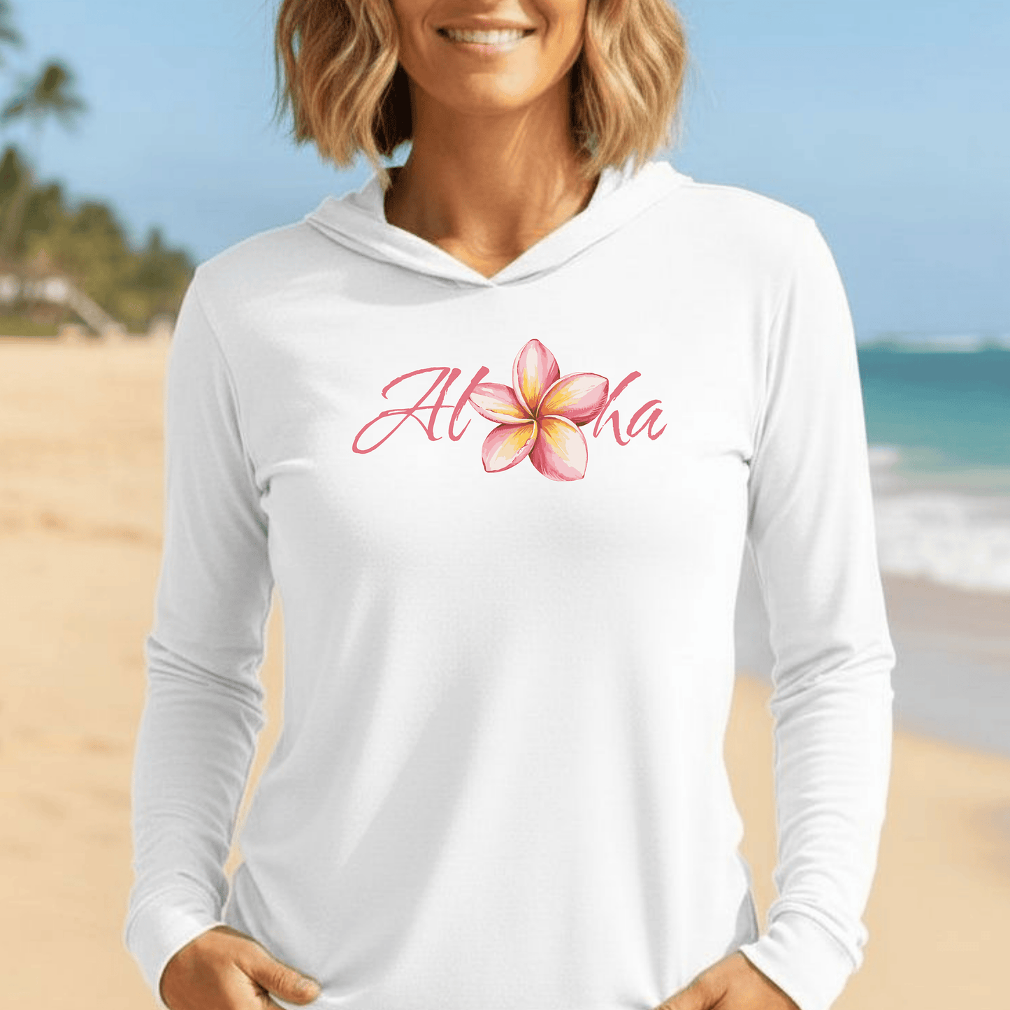 Aloha Watercolor Plumeria, Hawaii Hooded Long Sleeve White / XS