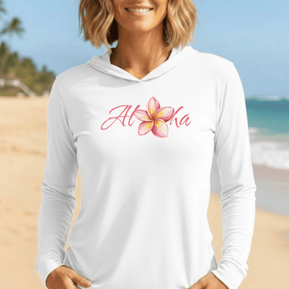 Aloha Watercolor Plumeria, Hawaii Hooded Long Sleeve White / XS