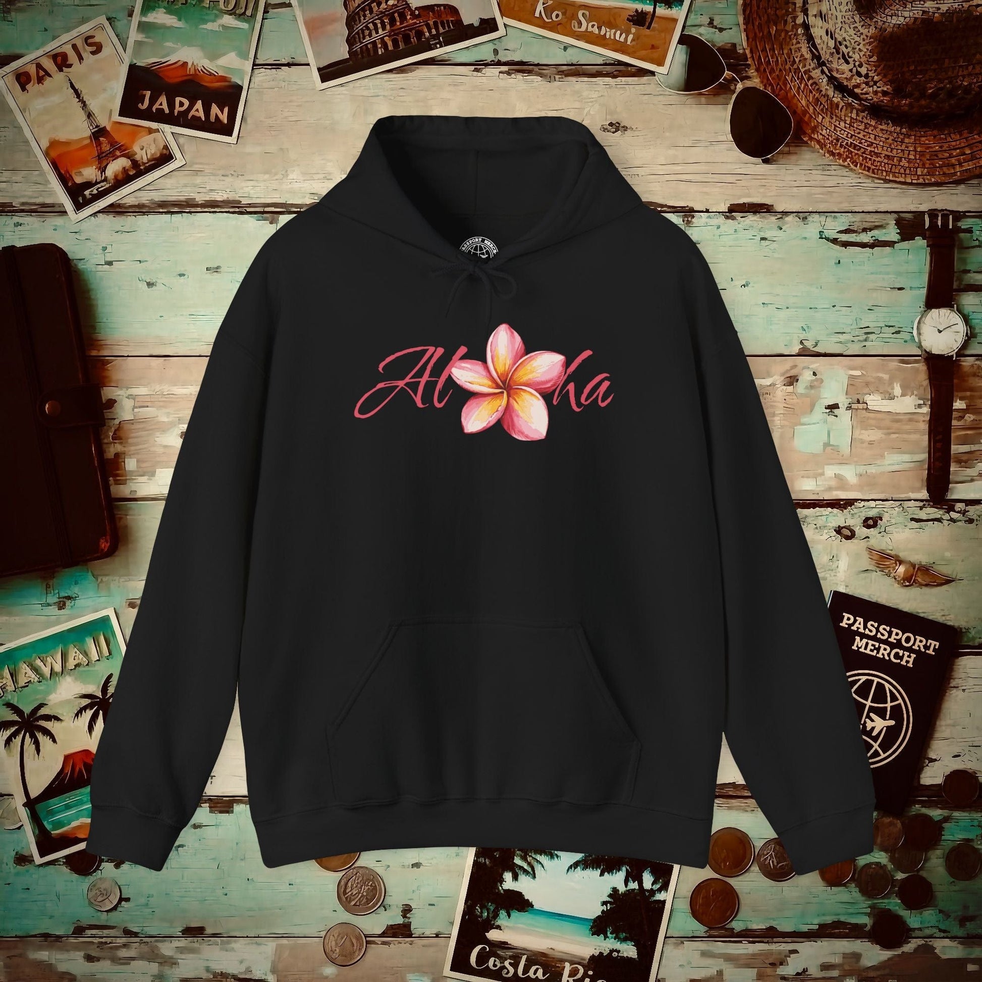 Aloha Watercolor Plumeria, Hawaii Hoodie Black / S