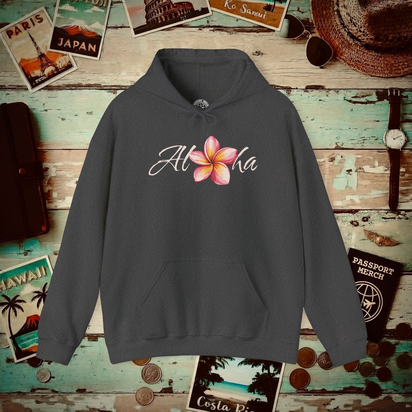 Aloha Watercolor Plumeria, Hawaii Hoodie Dark Heather / S