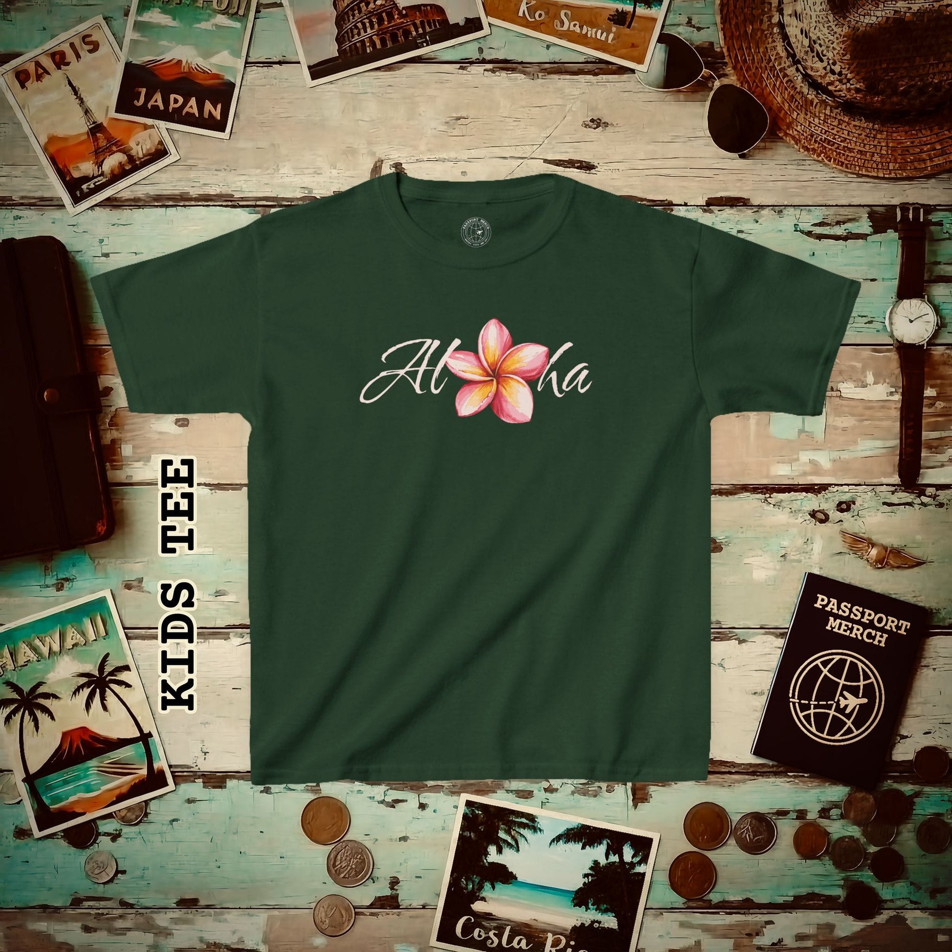 Aloha Watercolor Plumeria, Hawaii Kids Tee XS / Forest Green