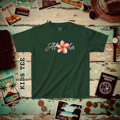 Aloha Watercolor Plumeria, Hawaii Kids Tee XS / Forest Green