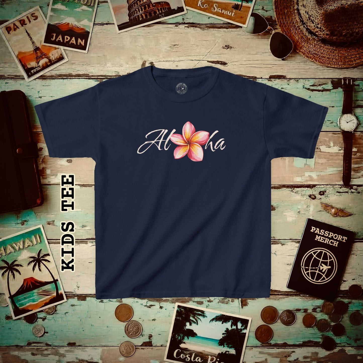 Aloha Watercolor Plumeria, Hawaii Kids Tee XS / Navy