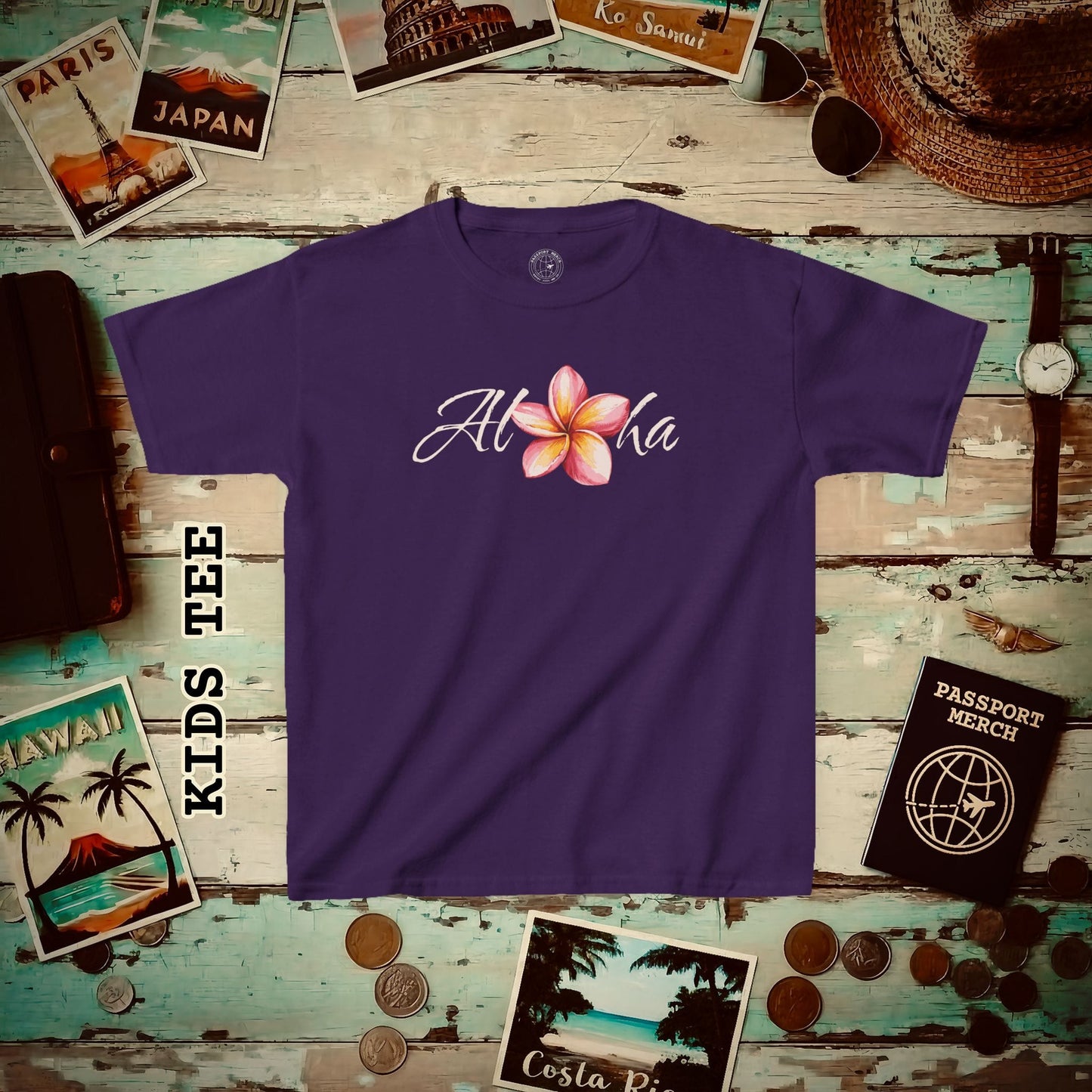 Aloha Watercolor Plumeria, Hawaii Kids Tee XS / Purple