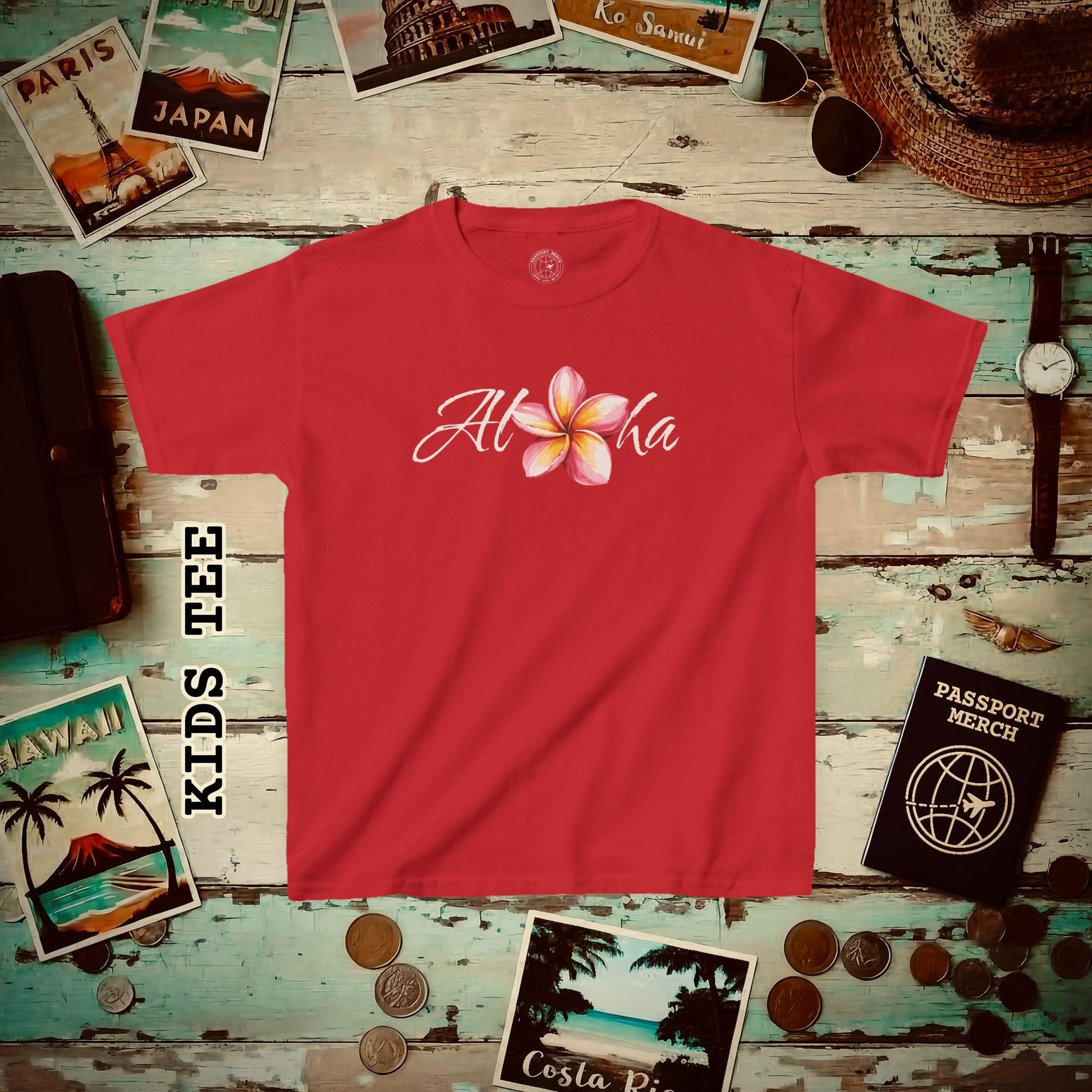 Aloha Watercolor Plumeria, Hawaii Kids Tee XS / Red