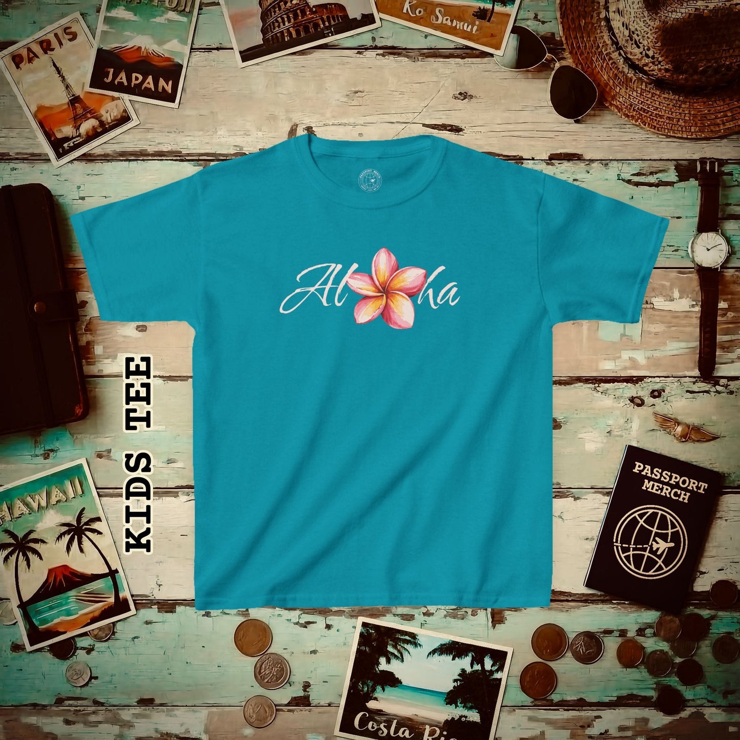 Aloha Watercolor Plumeria, Hawaii Kids Tee XS / Tropical Blue