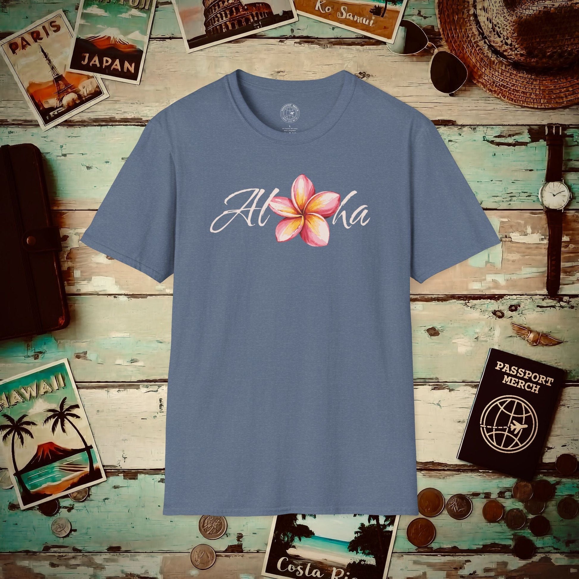 Aloha Watercolor Plumeria, Hawaii T-Shirt Heather Indigo / S