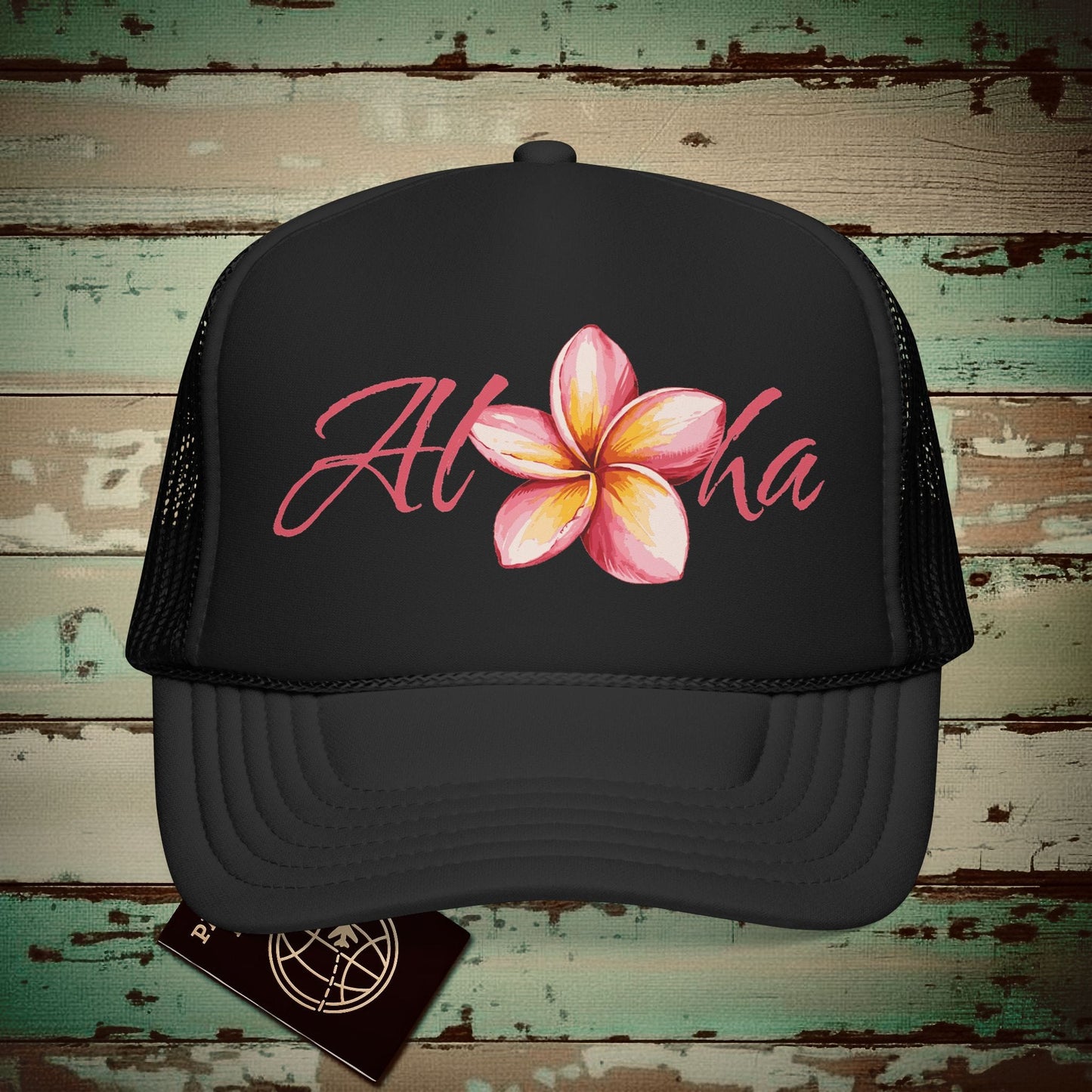 Aloha Watercolor Plumeria, Hawaii Trucker Hat Black / One size