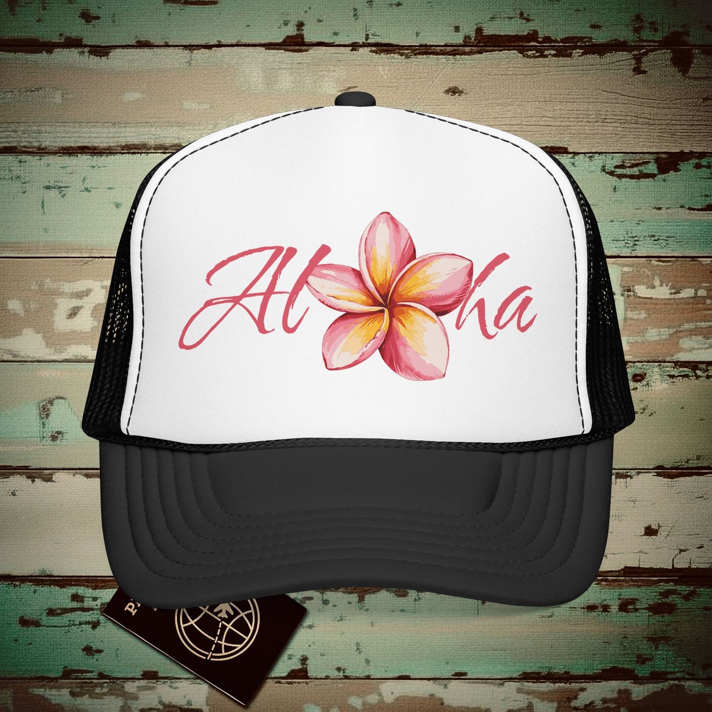 Aloha Watercolor Plumeria, Hawaii Trucker Hat Black/White / One size